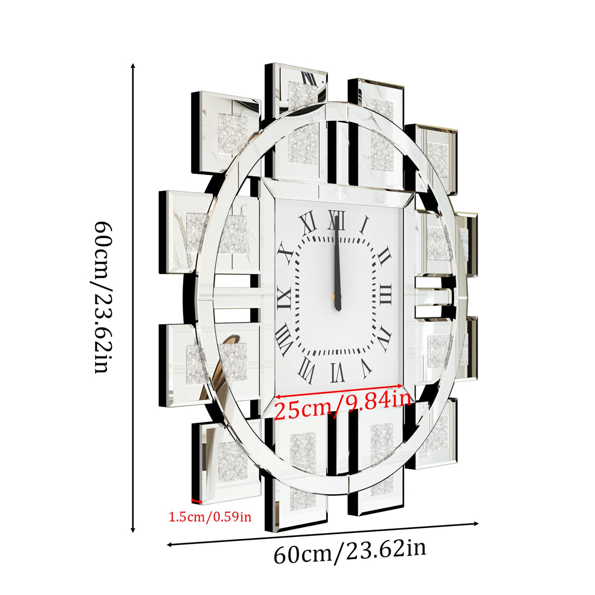 Irregular Crush Diamond Mirrored Wall Clock With Roman Numerals