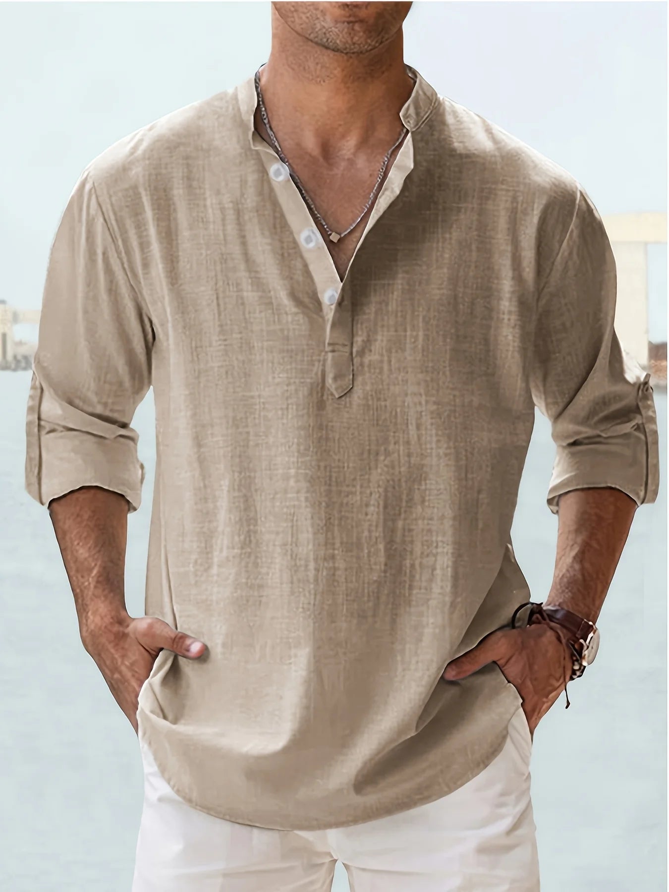 Mens Cotton Linen Long Sleeve Relaxed Casual Stand Collar Shirt