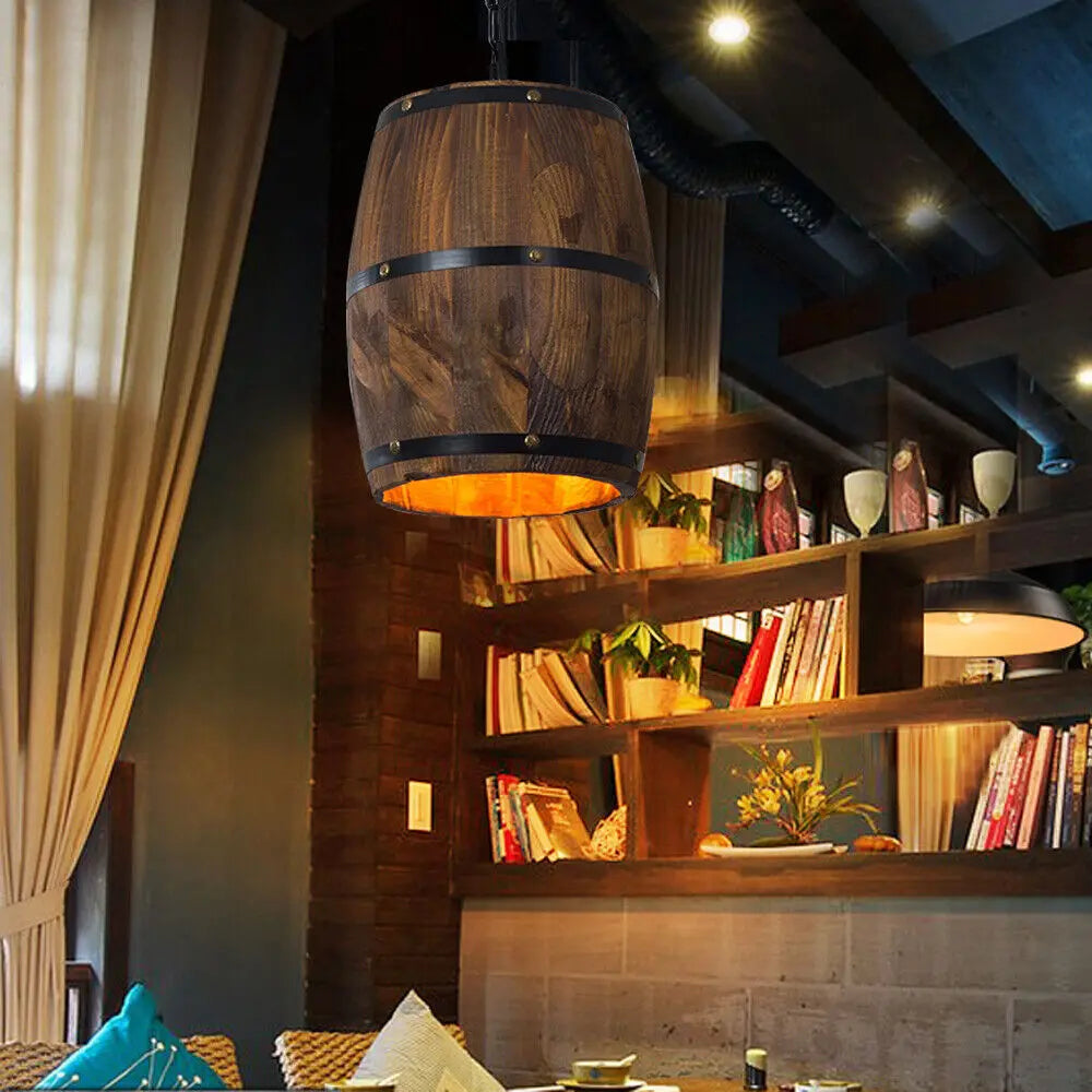 Vintage Wooden Barrel Ceiling Pendant Light For Cafe Bar Decor
