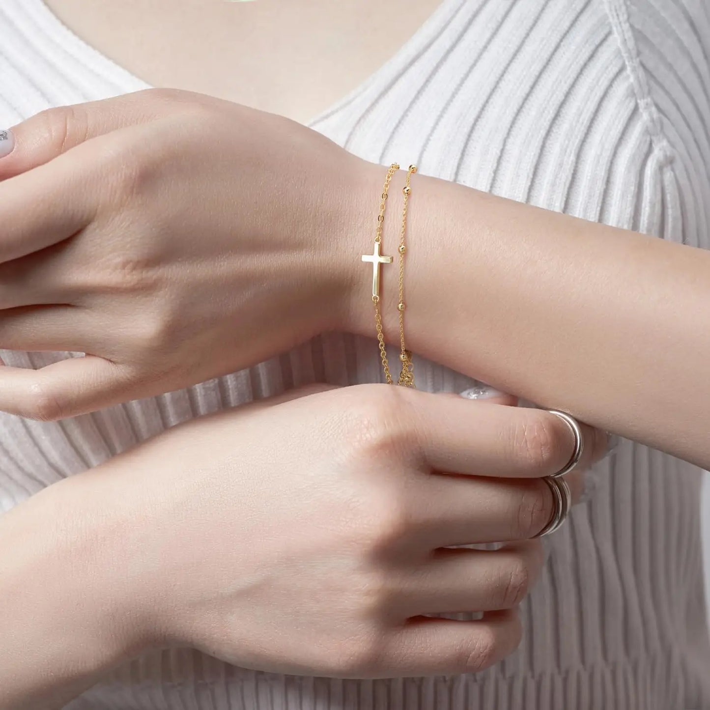 Women Double Layer Cross Beaded Chain Link Bracelet