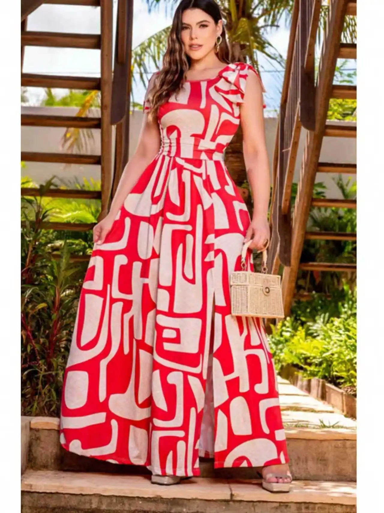 Elegant Geometric Print Sleeveless Maxi Dress With Bow