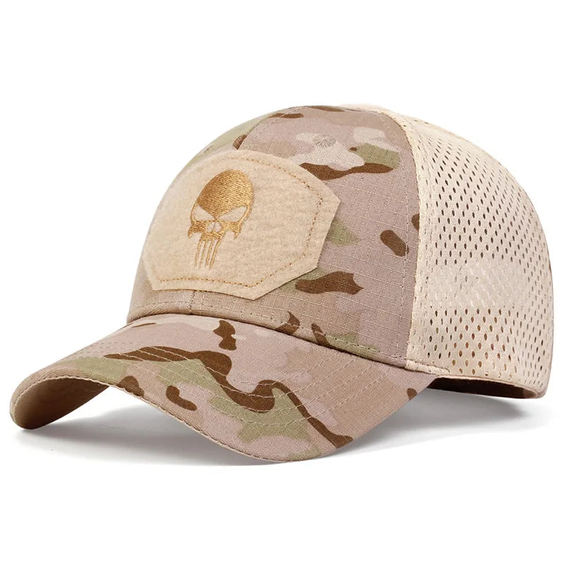 Adjustable Camouflage Mesh Baseball Cap With Skull Patch And Strap