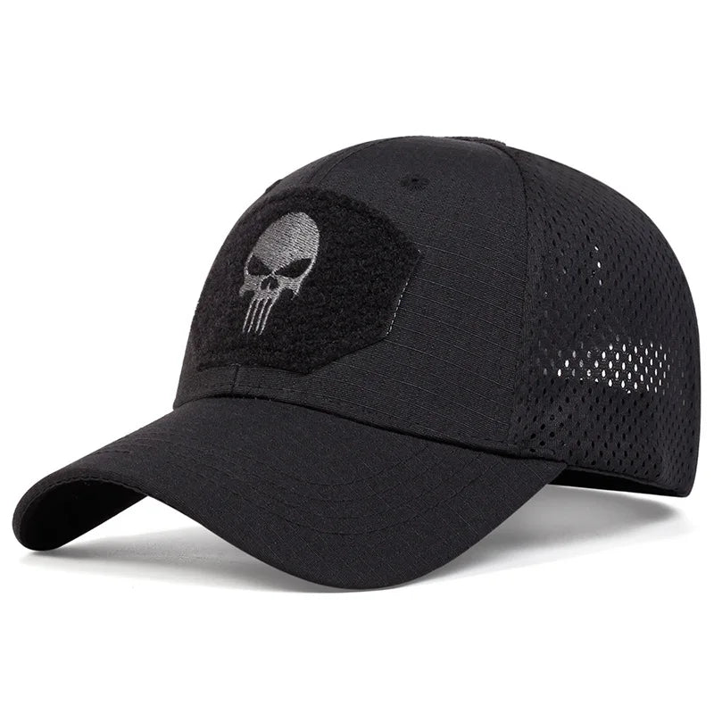 Adjustable Camouflage Mesh Baseball Cap With Skull Patch And Strap