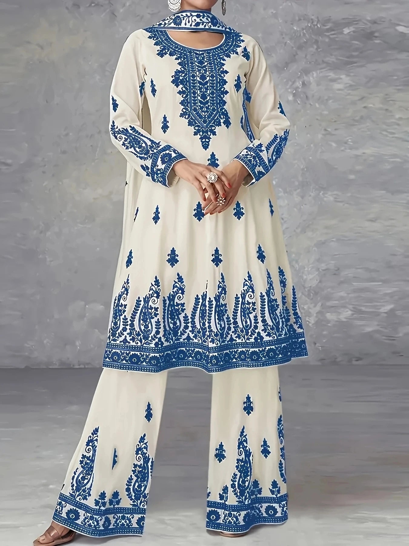 Women's Casual Polyester Ethnic Top Pants And Scarf Set