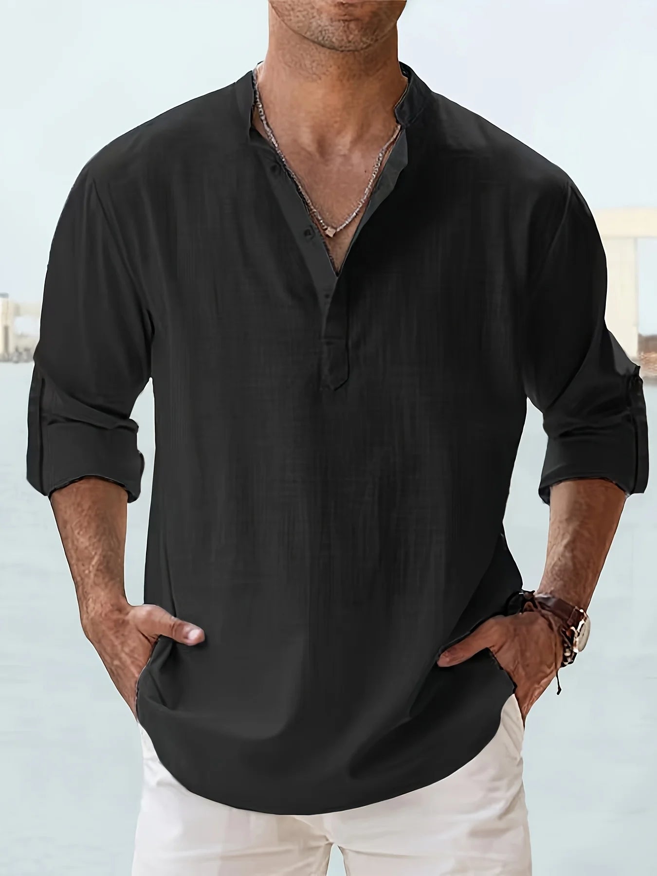 Mens Cotton Linen Long Sleeve Relaxed Casual Stand Collar Shirt