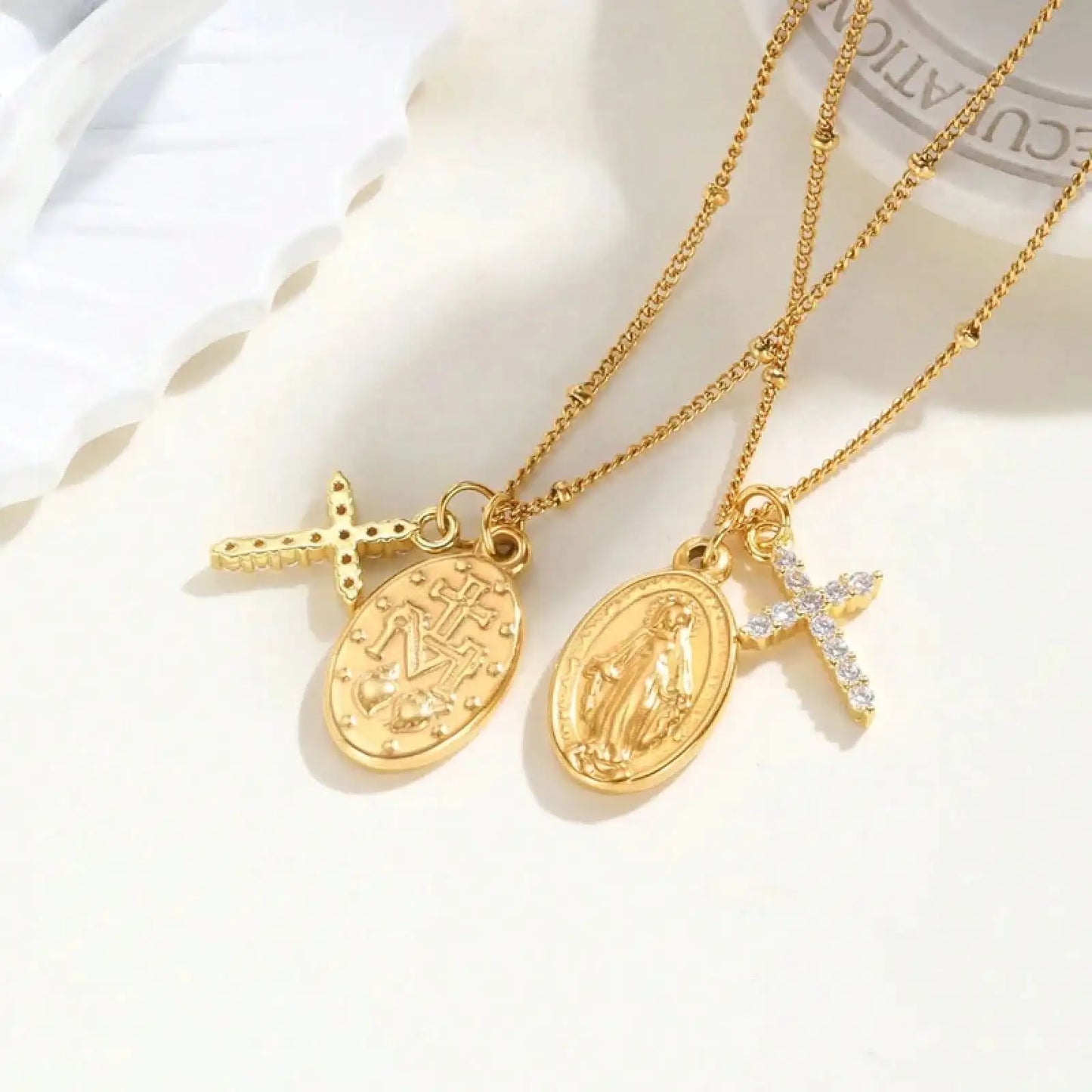 Virgin Mary Cross Pendant Necklace With Gold Plated Steel Chain