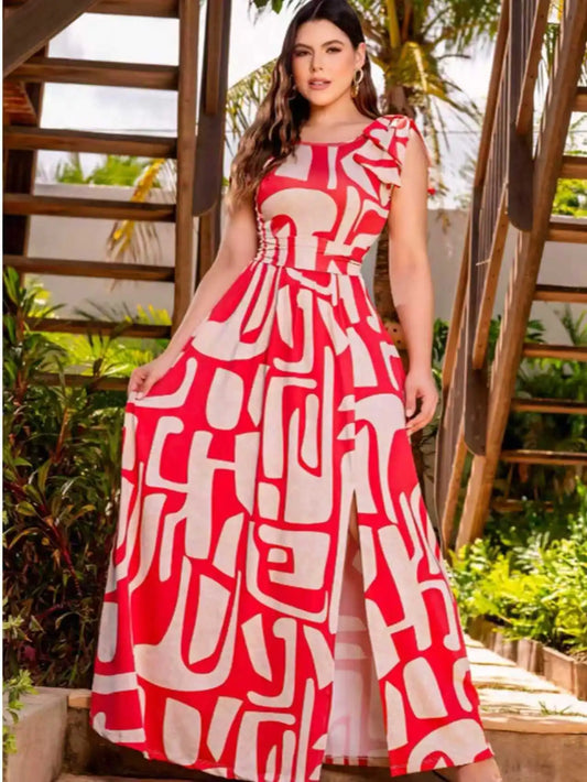 Elegant Geometric Print Sleeveless Maxi Dress With Bow