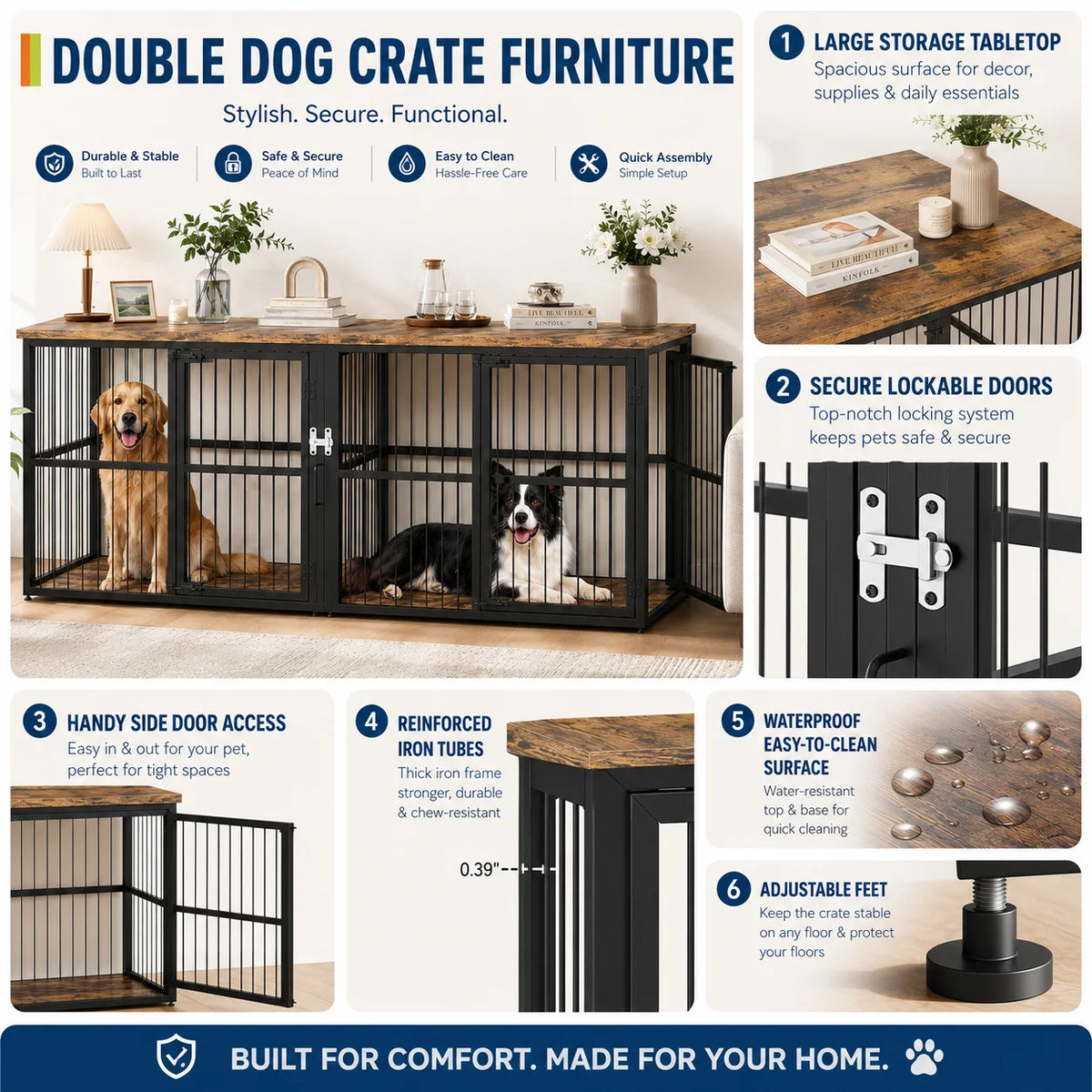 Double Dog Crate Furniture Cabinet With Divider And Storage Top