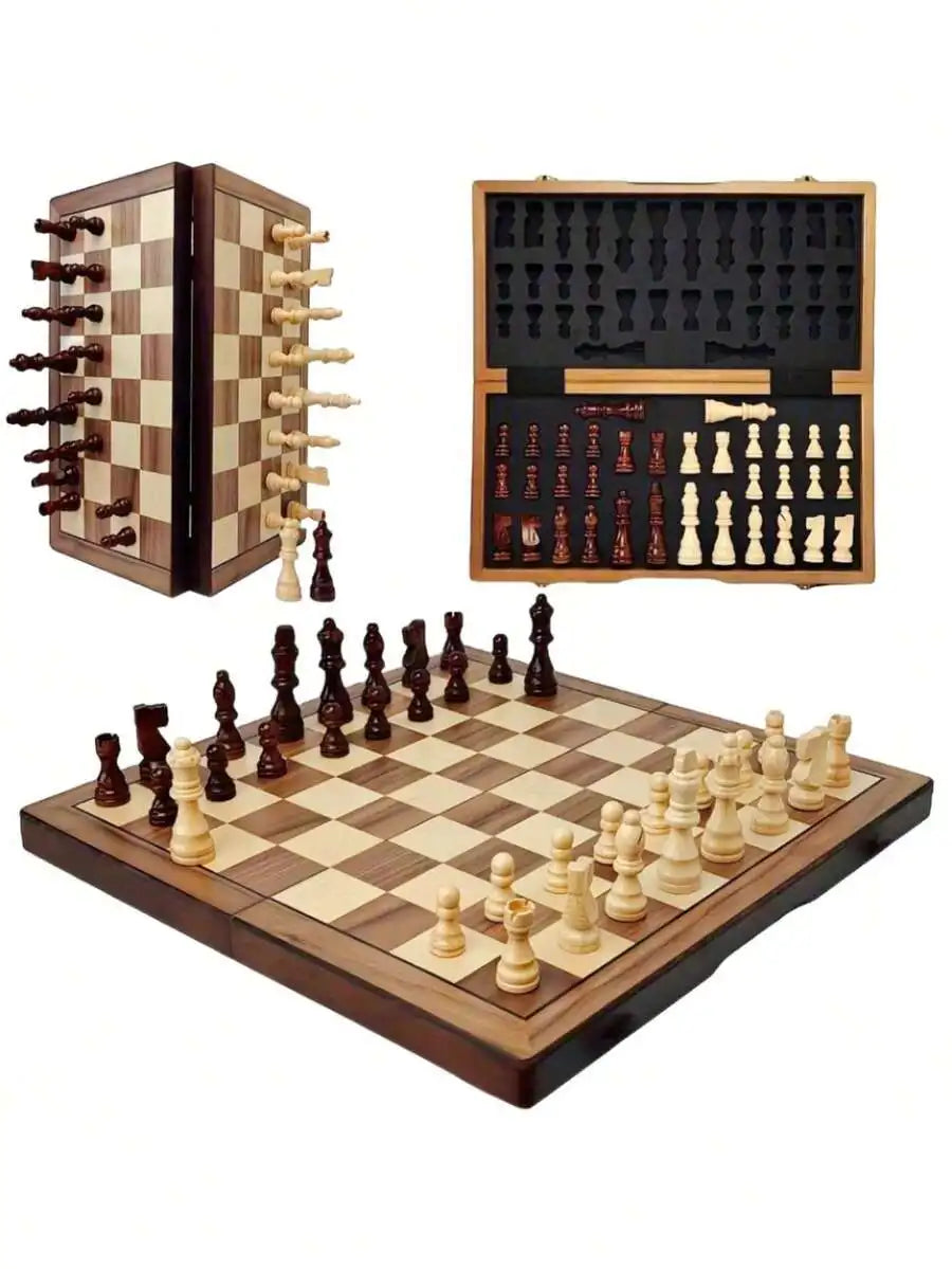 Portable Wooden Folding Chess Set With Magnetic Storage