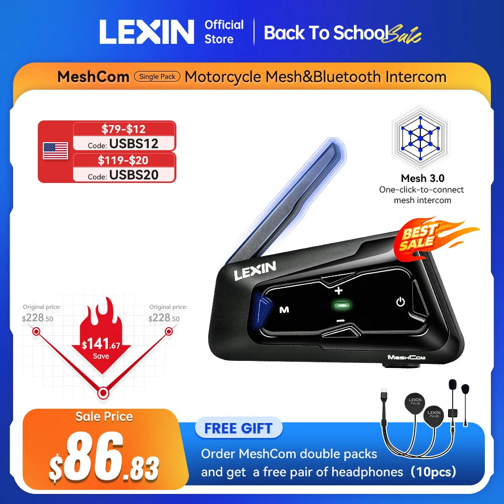 Lexin MeshCom Motorcycle Bluetooth Intercom Headset for 24 Riders