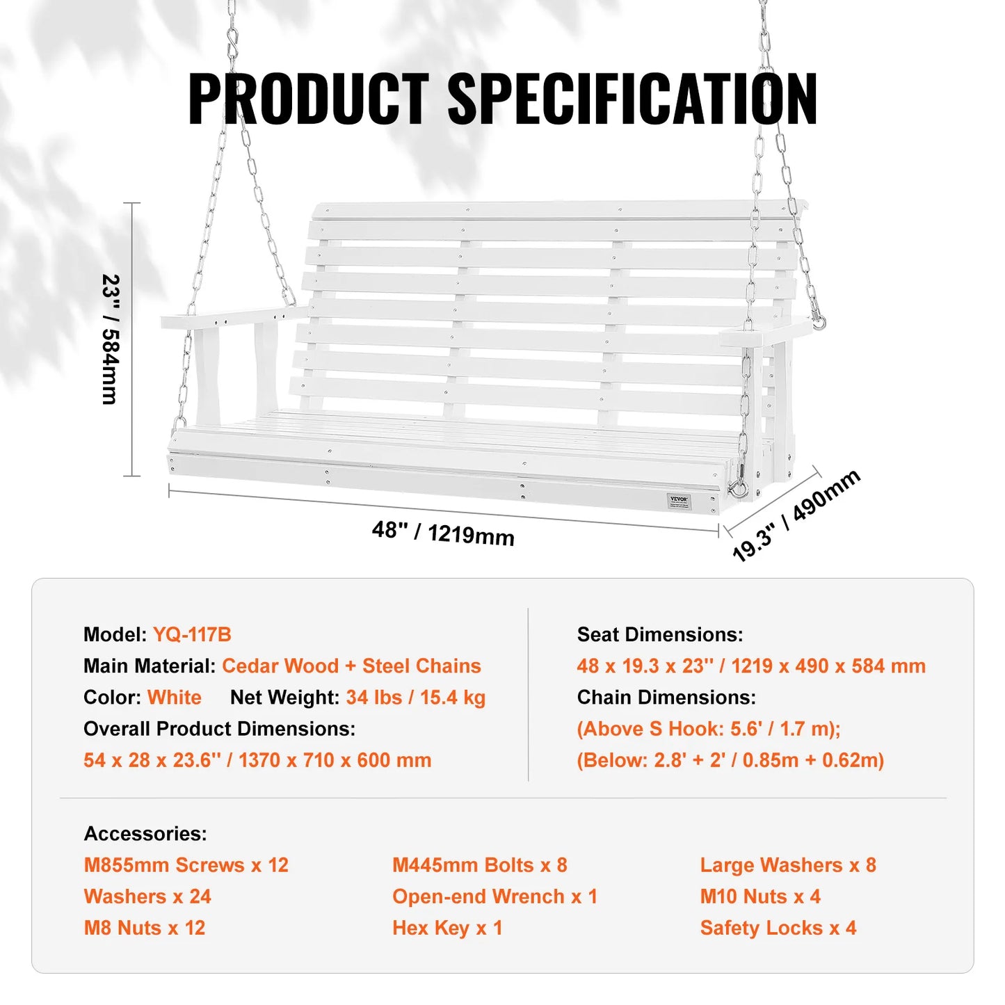 SucceBuy Outdoor Cedar Wood Porch Swing Heavy Duty Steel Chains