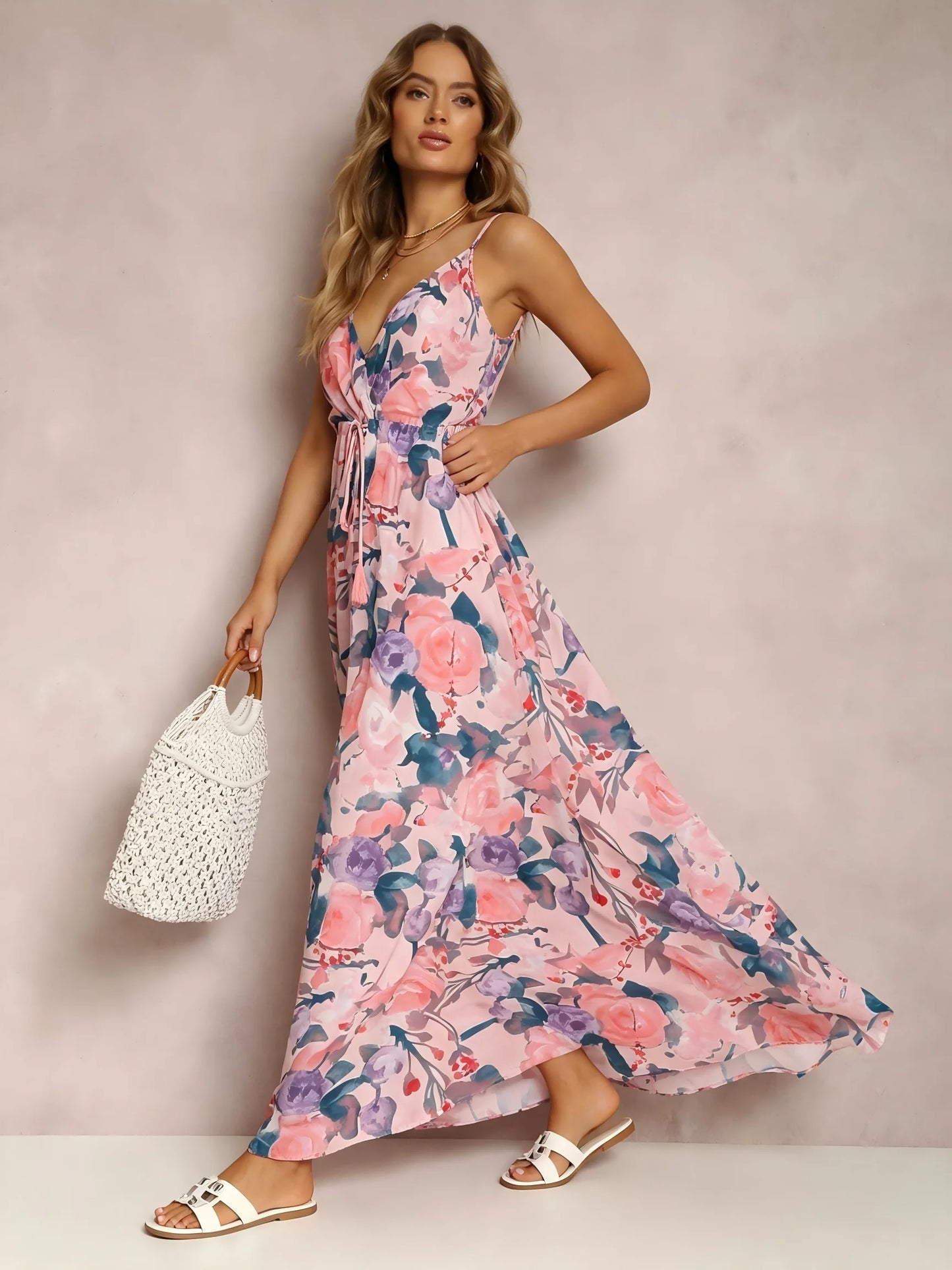 Women Watercolor Floral Print V Neck Spaghetti Strap Maxi Sundress