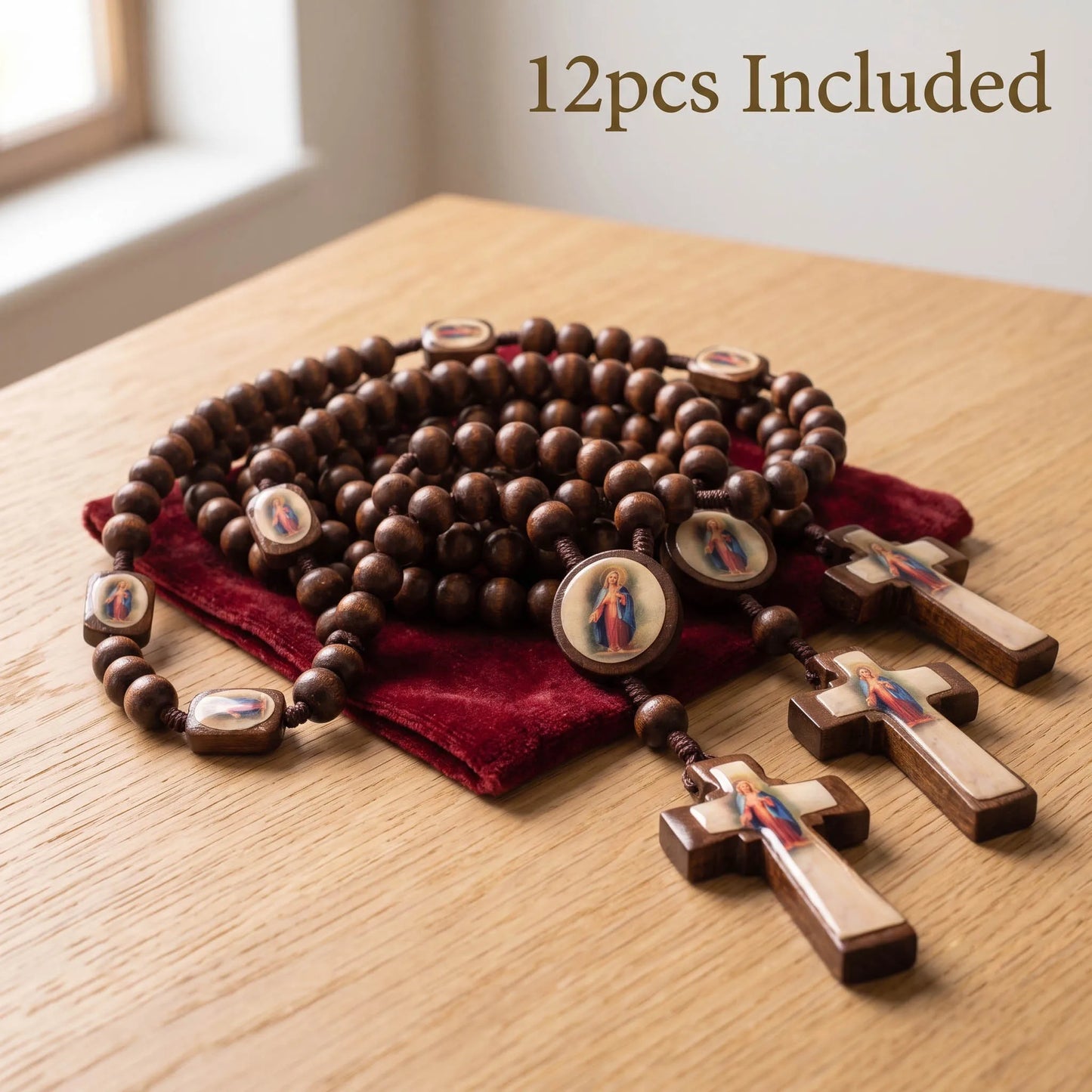 Our Lady Of Guadalupe Wood Rosary Necklace Heart Baptism Gift