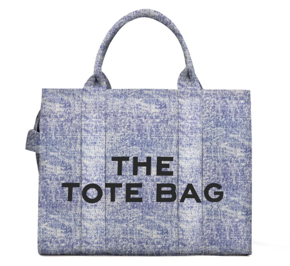 Denim Canvas Tote Bag With Zipper And Multiple Interior Pockets