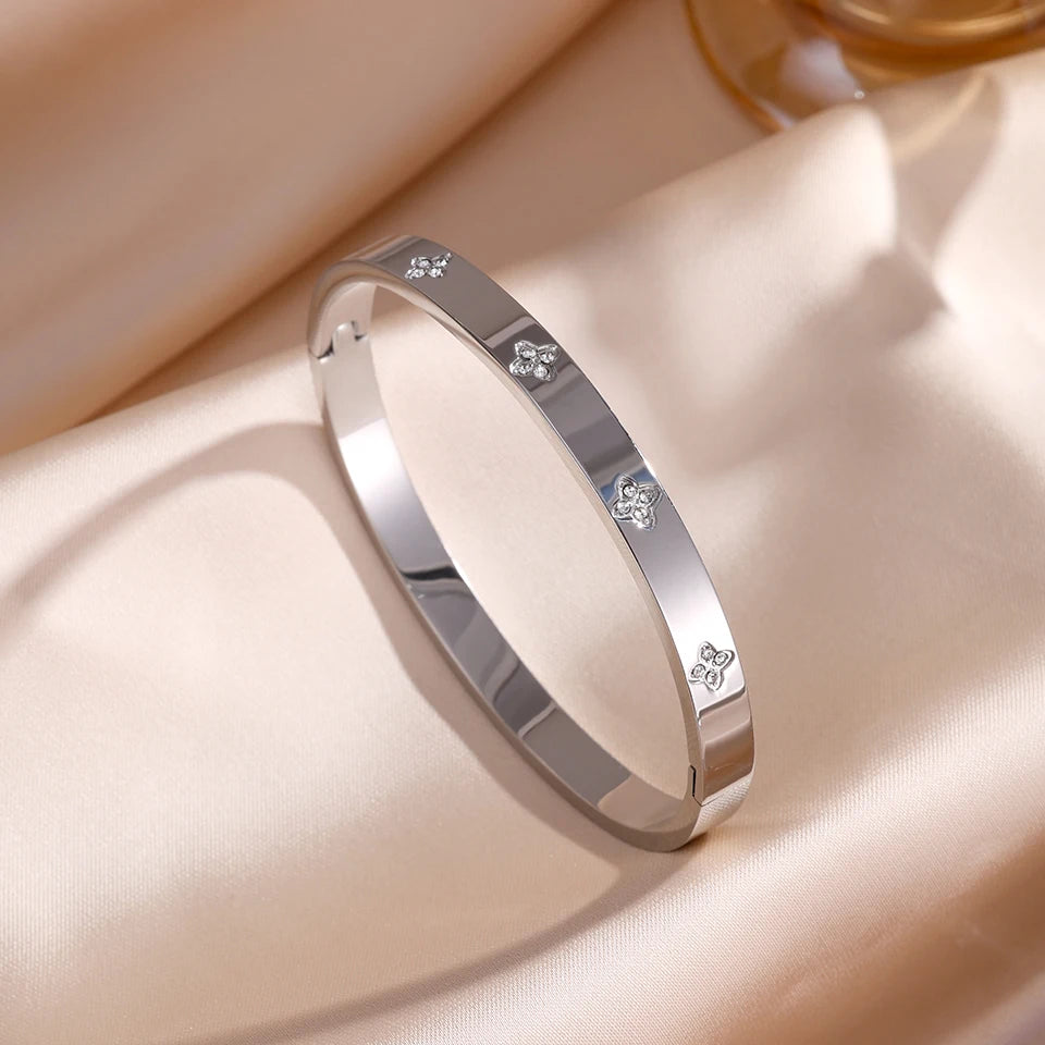 Sparkling Zirconia Stainless Steel Stackable Bracelet Set For Women