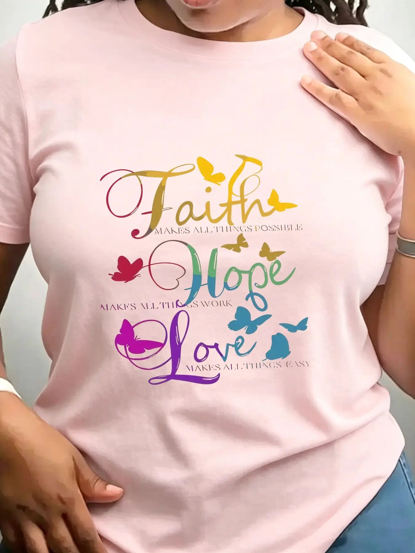 Women's Cotton Crew Neck Faith Hope Love Butterfly Print Top