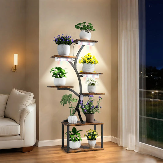Tree Shaped Multitier Metal Wood Plant Display Stand With Lighting