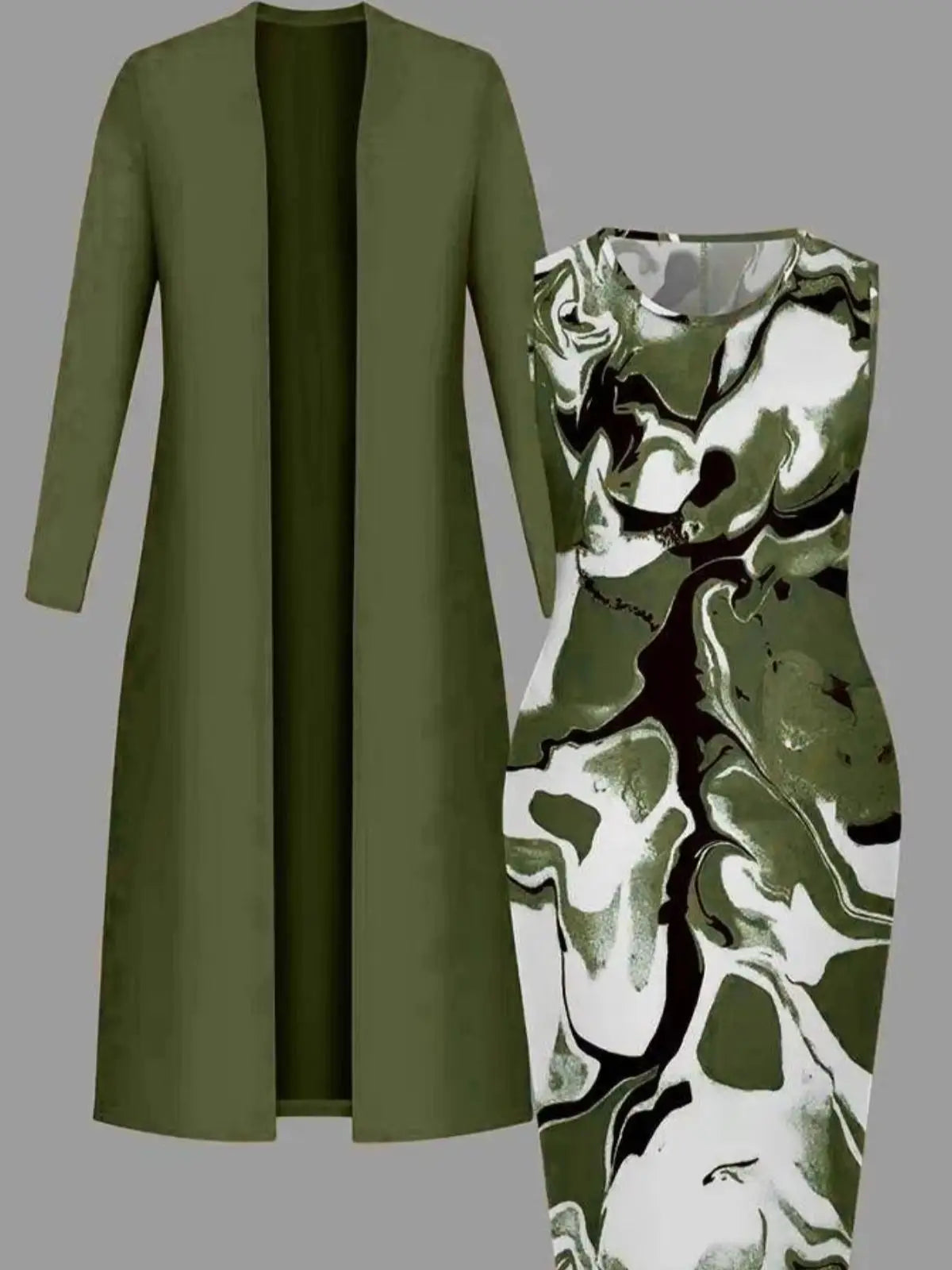 Womens Two Piece Open Front Cardigan And Marble Dress Set