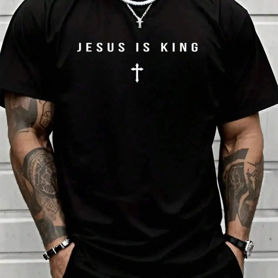 Jesus Is King Christian Cross Religious Men's Cotton T-Shirt
