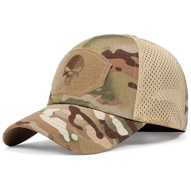 Adjustable Camouflage Mesh Baseball Cap With Skull Patch And Strap